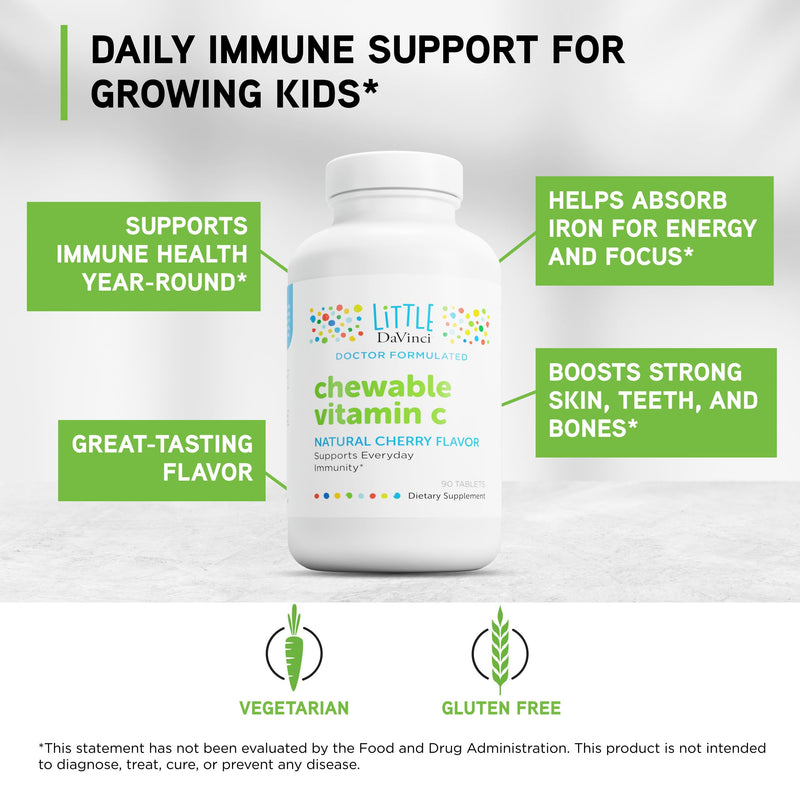 Little DaVinci Chewable Vitamin C - Kids Vitamin C Supplement to Support the Immune System, Healthy Skin and Overall Wellness - With Pectin, Rose Hips and More - Cherry Flavor - 90 Chewable Tablets