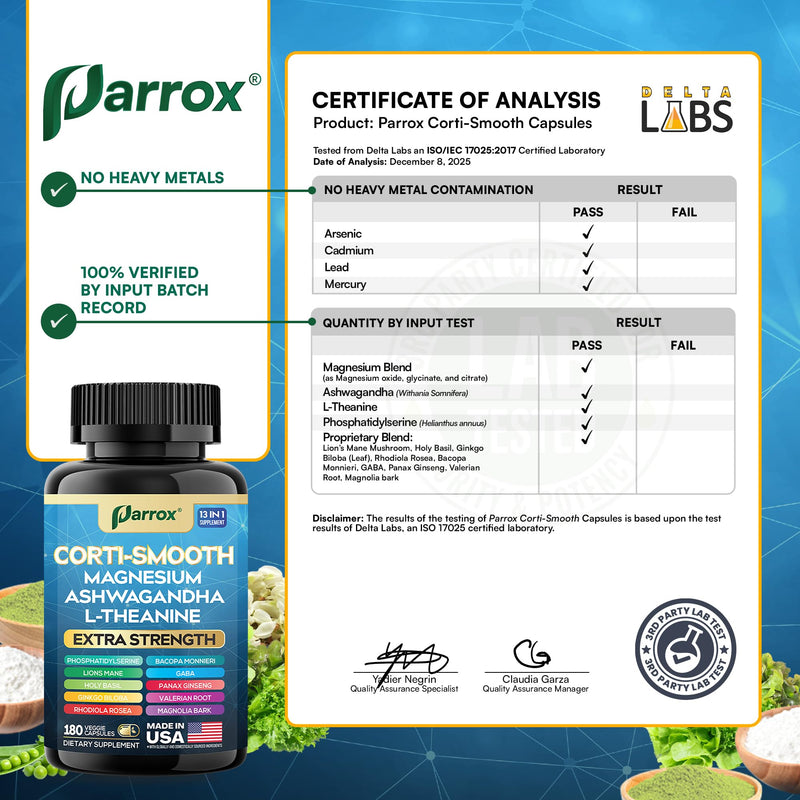 Cortisol Supplement, 11-in-1 Magnesium & Ashwagandha, Corti-Smooth, 180ct | Magnesium, L-Theanine, Ashwagandha, Magnolia Bark, Panax Ginseng, Bacopa, GABA, Lions Mane, Ginkgo Biloba 180 Count (Pack of 1)
