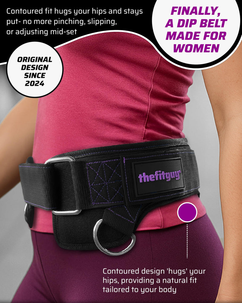 Women’s Weighted Dip Belt – For Pull-Ups, Dips & Squats | Hip-Hugging No-Pinch Fit, No-Slip Buckle | Sleek Black with Purple Stitching, 2 Straps & 2 Hooks Included