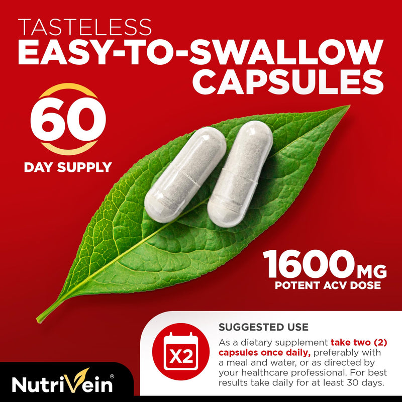 Nutrivein Premium Apple Cider Vinegar Supplements - 1600 mg - 120 Caps 120 Count (Pack of 1)