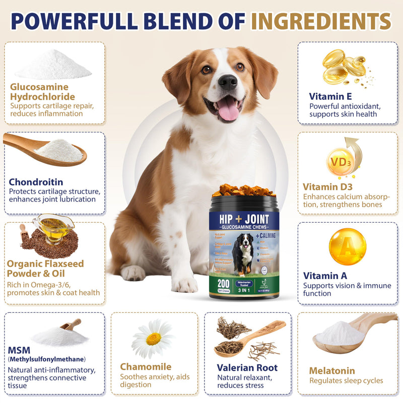 Hip and Joint Supplement for Dogs 200 Dog Calming Chews with Glucosamine, Chondroitin, Msm, Omega3, Melatonin for Senior Dogs Anxiety Pain Relief Anti Inflammatory Small/Medium/Large Dog -Chicken