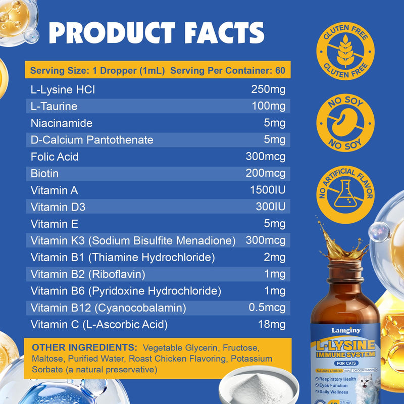 L-Lysine for Cats - Lysine Drops for Cats - Immune Support Supplement with L-Taurine, Vitamins - Feline Respiratory Health, Sneezing, Runny Nose,Eye Function - Roast Chicken Flavor, 2 fl oz