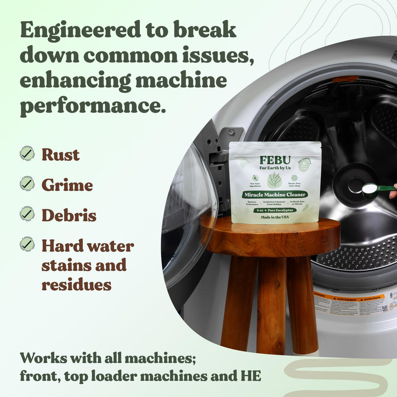 FEBU All-In-One Machine Cleaner, Pure Eucalyptus, 6oz | Natural Washing Machine & Dishwasher Cleaner and Deodorizer | Washer Cleaner for Rust & Grime | Plant-Based, Human Safe Ingredients, Made in USA - BeesActive Australia