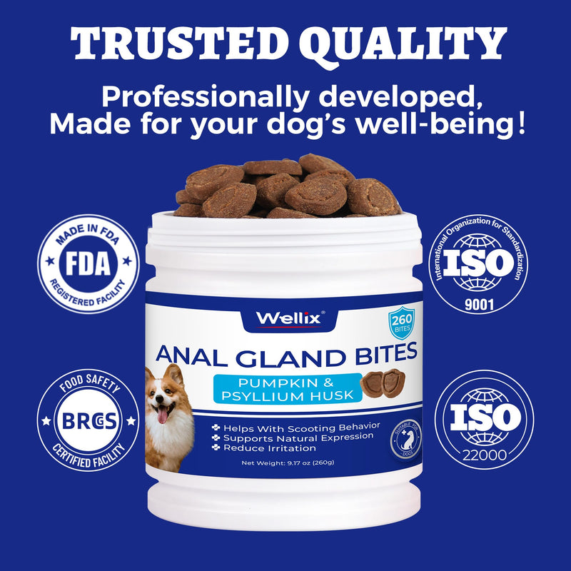 Wellix Anal Gland Chews for Dogs (9.17 oz), Dog Gland Supplement to Support Stool Quality, Dog Probiotics for Digestive & Gut Health - Rich in Pumpkin & Dietary Fiber - Chicken Flavor 9.17 oz