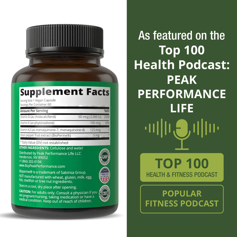 Peak Performance Advanced Vitamin D 2000 IU with All 3 Types of Vitamin K | Vitamin D3 and Vitamin K2, K1, MK-7 (MK7), MK4 Supplements. 60 Small and Easy to Swallow Vegetable Capsules