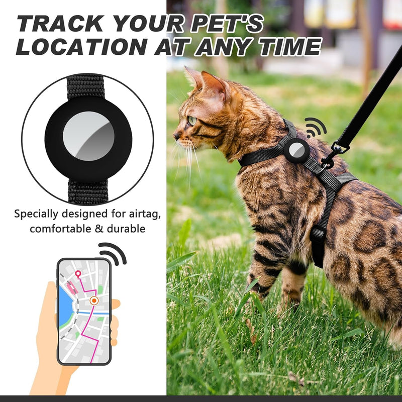 Cat Harness and Leash Set Escape Proof for Walking, Adjustable Cute Kitten Harness Leash with Airtag Holder for Small Large Cats, Lightweight Soft Walking Travel Harness (Black) Black - BeesActive Australia