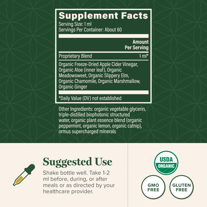 Global Healing Acid Reflux Relief Organic Liquid Supplement W/Slippery Elm - Helps Upset Stomach, Heartburn, Indigestion - Supports Body's Defense Against Digestive Issues - 2 Fl oz - BeesActive Australia