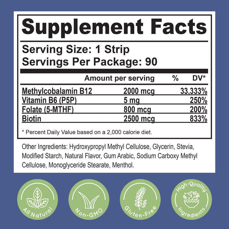 Essential Source B12 Methylcobalamin 2000mcg Energy Strips, 30 Strips | Sublingual B12 Vitamins With Biotin, B6, 5-MTHF L-methylfolate, Support Nerve Function, Clean Energy Boost, Organic Folate 30 Count (Pack of 1)