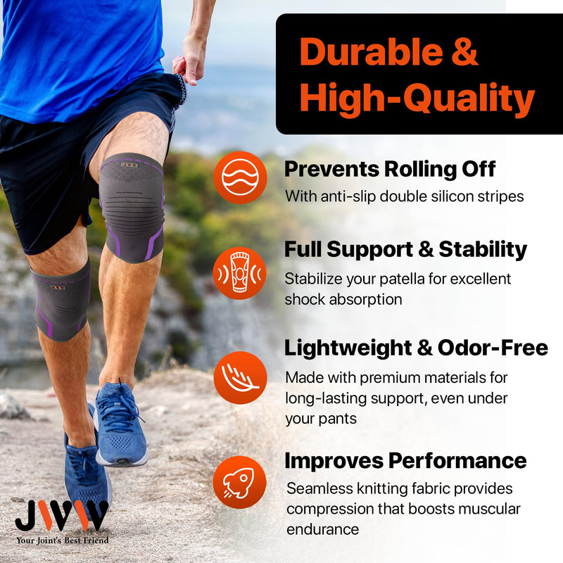 Plus Size Knee Compression Sleeve for Big Thighs, 2 Pack Knee Brace for Men & Women Knee Pain Relief, Workout Sports Knee Support, Knee Braces for Meniscus, ACL & Arthritis Recovery (Purple, 2XL) XX-Large Gray/Purple