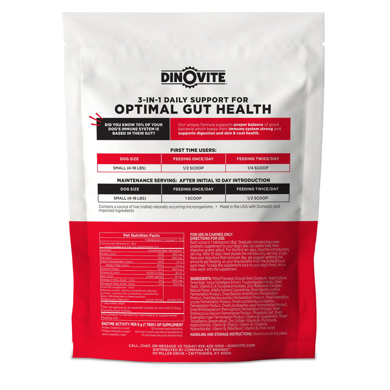Dinovite Probiotics for Dogs, Probiotic Powder Food Topper for Small Dogs (1-18 lb), Daily Digestive Health & Skin Support with Omega-3s, 30 Servings Small Dogs (1-18 lbs) 30 Day Supply