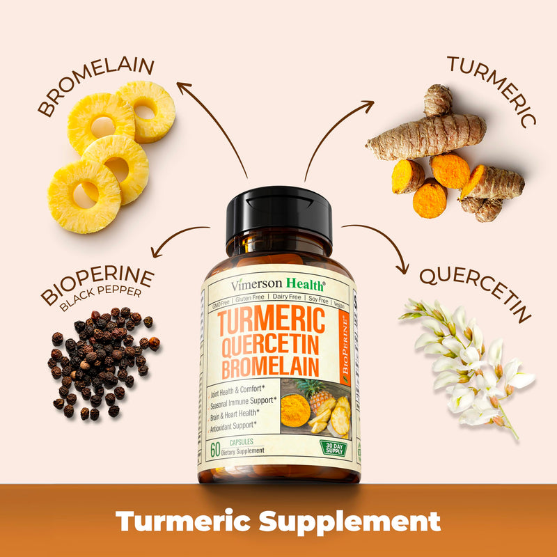 Quercetin with Bromelain & Turmeric Curcumin - Bromelain Supplement with Black Pepper. Immune & Joint Support Supplement - BioPerine & 700mg Organic Tumeric for Inflammation Balance & Allergy Support 60 Count (Pack of 1) - BeesActive Australia