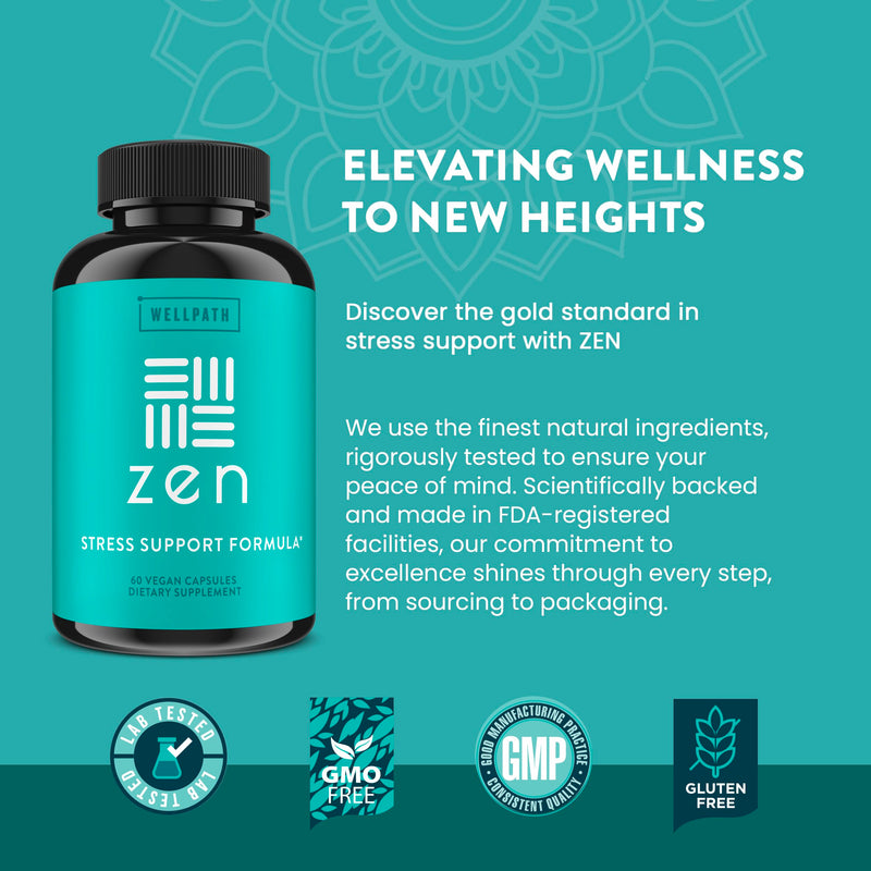 Zen Stress Relief & Mood Support Supplement with Ashwagandha, Vegan, 180 Ct | WellPath - Calm, Stress & Energy Support - with Rhodiola Rosea, L-Theanine, Lemon Balm - Herbal Capsules, USA Made, Non GMO 60 Count (Pack of 3)