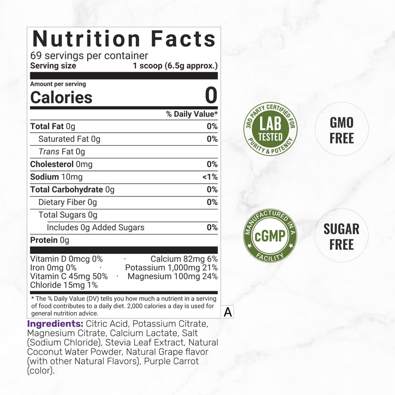 Electrolytes Powder, 1lb (69 Servings) – No Sugar, Low Sodium, ICY Grape Flavor – Rapid Hydration Supplement Drink Mix – High Potassium 1,000mg with Natural Coconut Water, Magnesium, & Vitamin C*