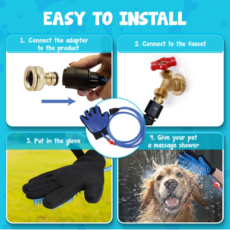Dog Shower Attachment Glove | Pet Washing Brush Sprayer Bath Scrubber with Dog Towel | Outdoor and Indoor Bathing Hose Nozzle Grooming Mitt | Portable Wash Scrub Water Shower Spray | Blue - BeesActive Australia