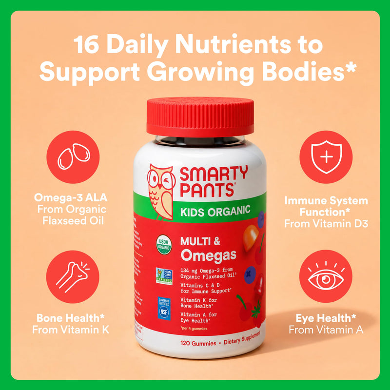 SmartyPants Organic Kids Multivitamin Gummies: Omega 3 (ALA), Beta Carotene, Vitamin B12, B6, A, K & Zinc for Immune Support, Biotin, Vegetarian, Three Fruit Flavors, 120 Count (30 Day Supply) 1 Count (Pack of 1) Organic + Omega