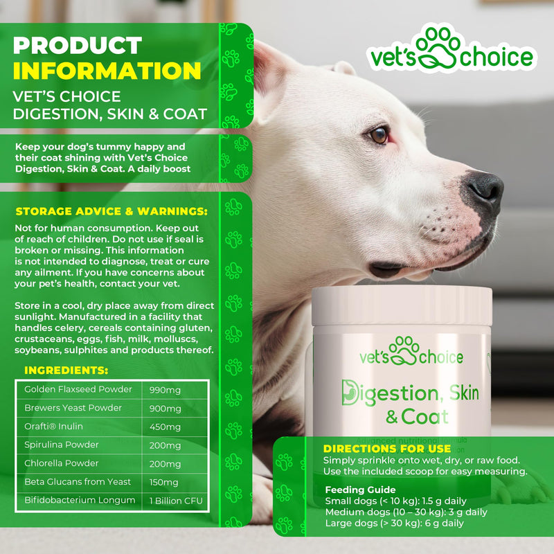 Dog Digestion Supplement - Digestion, Skin & Coat Powder - 270g | Vet's Choice - GMP Certified | Digestive balance, skin & coat maintenance | UK Made Dog Supplement, Mix in with Food (Beef Flavour)