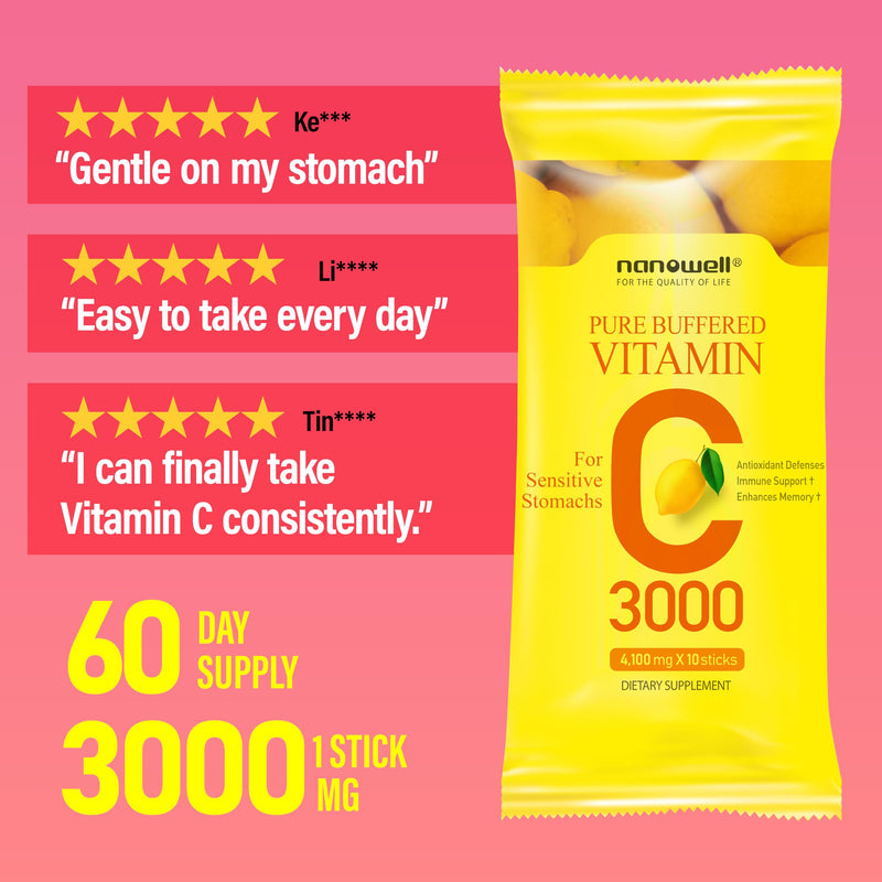 NANOWELL Buffered Vitamin C 3000mg Powder Sticks – Business Pack | 60 Sticks | Flavorless, Non-GMO, Easy Mix for Daily Wellness