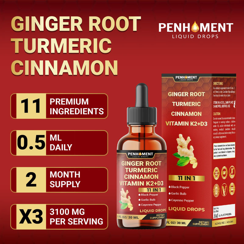 11in1 Liquid Ginger Extract with Liquid Turmeric, Ceylon Cinnamon Drops, Vitamin D3, Vitamin K2, Berberine Extract, Garlic, Black Pepper - Drops Extract - 1FL Oz - 2 Month Supply