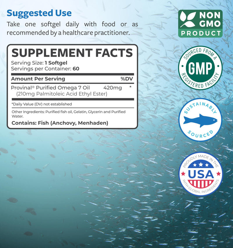 High Potency Omega 7 Supplement for Women and Men (2 Month Supply) | Palmitoleic Acid Fatty Acid Fish Oil Supplement from Sustainably Sourced Patented Provinal with Lowest Palmitic Acid 60 Count (Pack of 1)