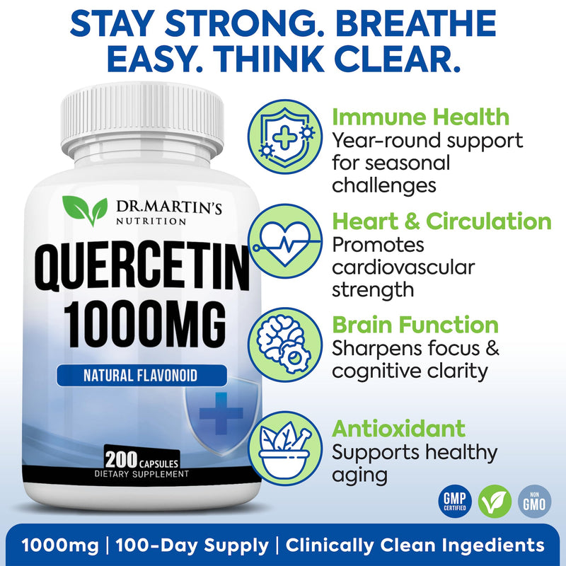 Quercetin 1000mg - 200 Capsules, Immune Support & Antioxidant Supplement | Seasonal Sinus & Respiratory Relief, Cardiovascular Health, No Bromelain, Immune Support, 100-Day Supply for Men & Women 200 Count (Pack of 1)