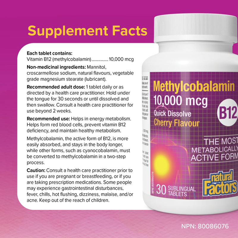 Natural Factors Methylcobalamin 10,000 mcg - Vitamin B12 Supplement in Metabolically Active Form - Supplement Supports Cll Formation & Energy Production - 30 Chewable Tablets (30 Servings) 30 Count (Pack of 1)