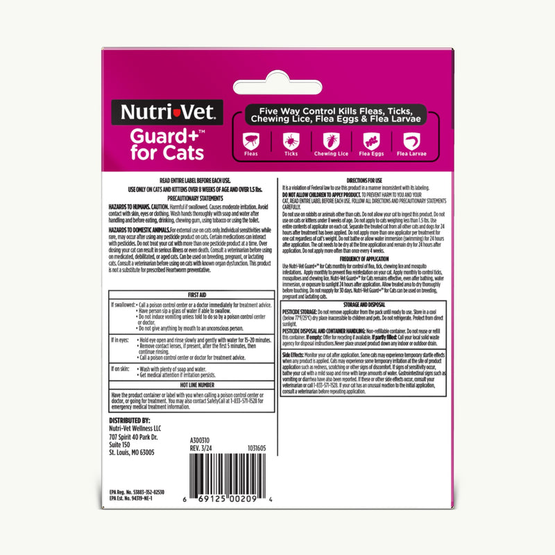 Nutri-Vet Guard+ for Cats, Flea and Tick Prevention Spot On Drops, Topical Treatment for Cats 1.5 lbs and Up, Kitten Essentials, Waterproof Formula, 3 Monthly Doses, 90 Days of Protection