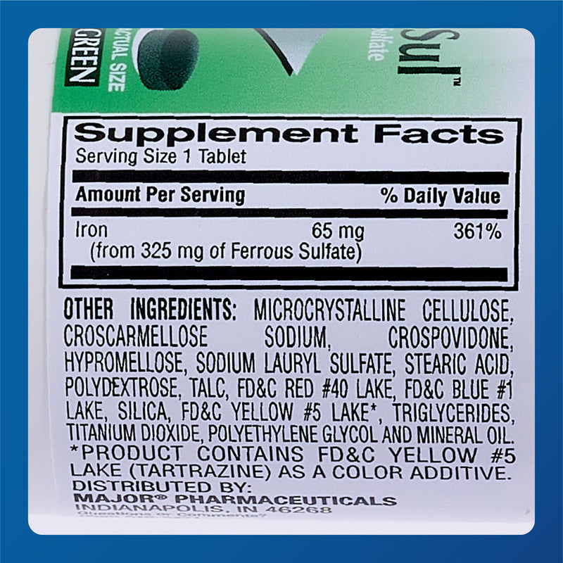 Major Ferosul - Ferrous Sulfate 325mg Tablets with 65mg of Elemental Iron - Iron Supplement for Women, Men - Green - 100 Count (3 Pack) Unflavored 100 Count (Pack of 3)