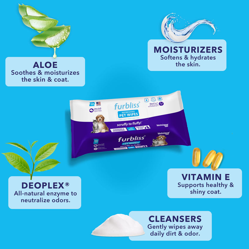 Vetnique Labs Furbliss Hygienic Pet Wipes for Dogs & Cats, Cleansing Grooming & Deodorizing Hypoallergenic Thick Wipes with All Natural Deoplex Deodorizer (Unscented, 100ct Pouch) Unscented - BeesActive Australia