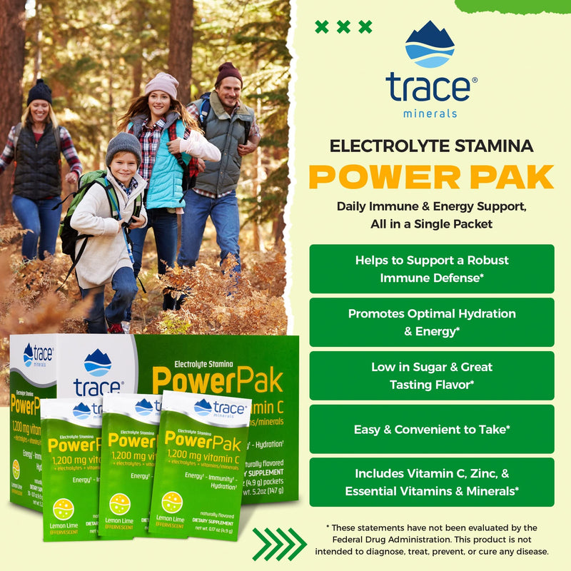 Trace Minerals Power Pak Electrolyte Drink Mix, Lemon Lime, 30 Packets | 1,200 mg vitamin C per serving with zinc and magnesium. Promotes immunity and supports hydration. No artificial dyes.