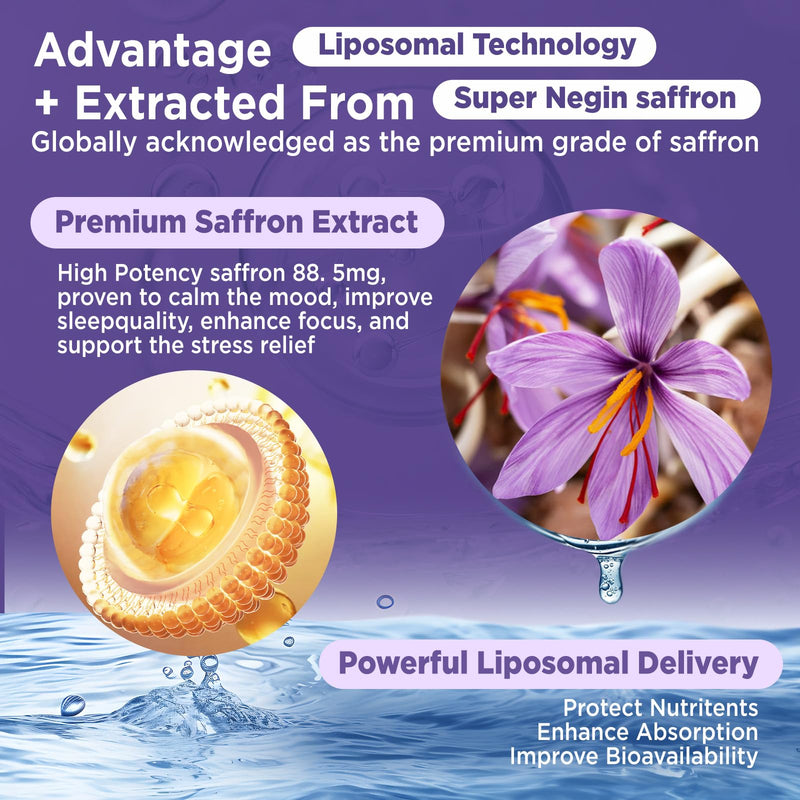 Liposomal Saffron Drops for Kid Adult, Organic Saffron Supplement | with Magnesium Glycinate, L-theanine & Vitamins , Stress, Focus, Vision & Energy Support, Vegan, Lemon Flavor, 2 FL OZ 2 Fl Oz (Pack of 1)