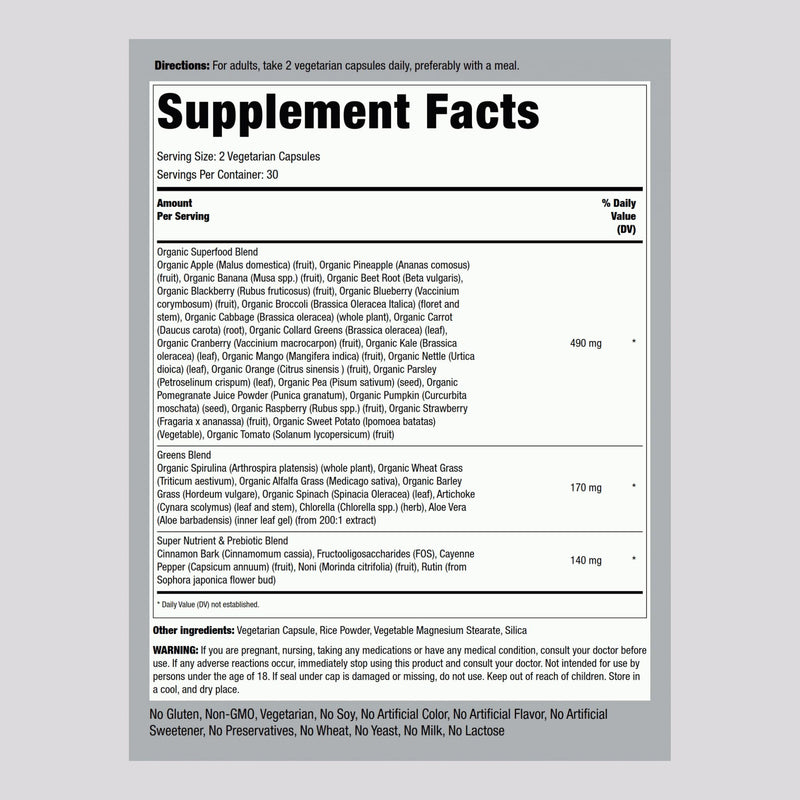 Piping Rock Fruits and Veggies Supplement | 60 Capsules | Superfood Vitamins | with Antioxidant Formula and Prebiotic Blend | Vegan, Non-GMO, Gluten Free 60 Count (Pack of 1)