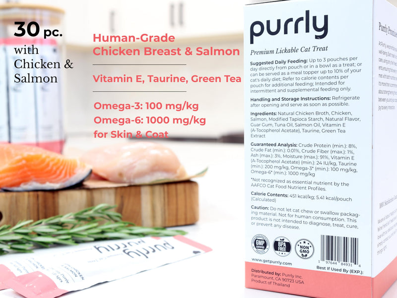 Purrly Hydrating Wet Cat Treat Snack Topper Creamy Purée Human-Grade Chicken Breast & Salmon with Omega-3 & 6 for Skin & Coat (30 Count) Healthy Lickable Squeeze Soft Snack - BeesActive Australia