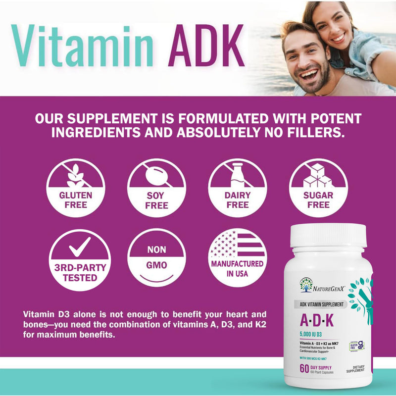 NatureGenX ADK Vitamin Supplement – Vitamins A, D3 & K2 MK-7 for Bone Health & Calcium Absorption – Gluten-Free, Non-GMO, Soy-Free – 120 Capsules, 2-Pack (4-Month Supply) | For Bone Health & Calcium Absorption - Immune Support, Gluten-Free, Non-GMO, So...