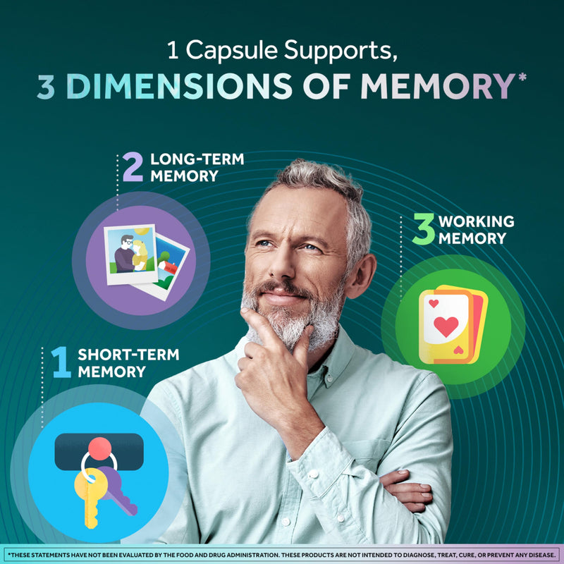 NEURIVA Memory 3D Brain Supplement - Decaffeinated Nootropic Capsules for Memory, Focus, & Cognitive Function - Short Term, Long Term, & Working Memory Support - 50ct 50 Count (Pack of 1)