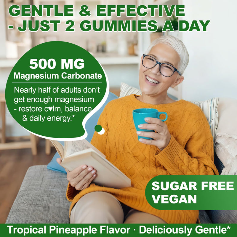 Liposomal Magnesium Carbonate Gummies 500 mg, Muscle & Nerve Support, 60cts | with Ashwagandha, L-Theanine, Calcium & Vitamin D3, Sugar-Free Vegan Pineapple Flavor, 1P 60 Count (Pack of 1)