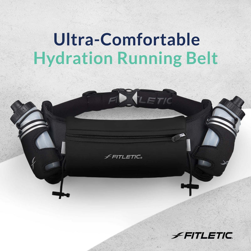 Fitletic Hydration Running Belt with Water Bottles for Men & Women – 2 Quick Flow 8oz Running Water Bottles, Patented Bounce Free Design, Water Resistant Pouch Fits All Phones – Hydra 16 L/XL (35"-42") Black - BeesActive Australia
