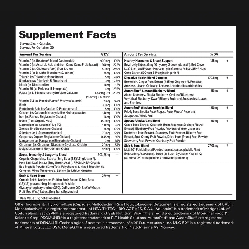 Whole Food Natural Four-a-Day Multivitamin and Mineral Capsules for Women – All-Day Energy, Inner Zen, and Stronger You (120 Capsules)