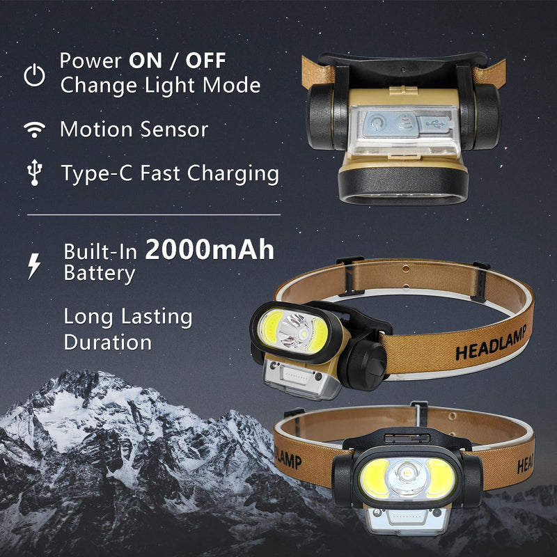 Headlamps, 2 Pack Built-in 2000mah Battery Rechargeable Flashlight Motion Sensor, Widebeam Bright Headband Lightweight Waterproof for Outdoor Running Camping Hiking Hunting W12