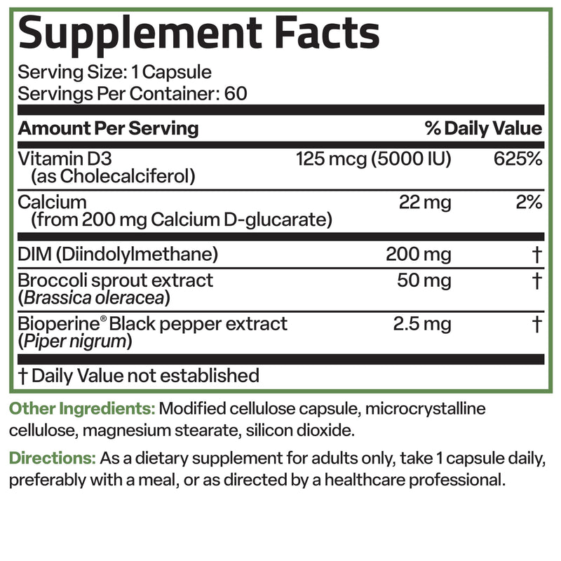 Bronson DIM Balance+ 200 mg & Calcium D-Glucarate, 60 Vegetarian Capsules | Broccoli Sprout, Vitamin D3 & BioPerine, Estrogen Metabolism & Balanced Hormone Support, Non-GMO, Gluten-Free & Soy-Free 60 Count (Pack of 1)