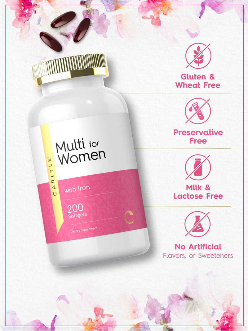 Carlyle Multivitamin for Women with Iron | 200 Softgels | Essential Vitamins, Minerals and Omegas | Nutritional Support Supplement | Non-GMO & Gluten Free