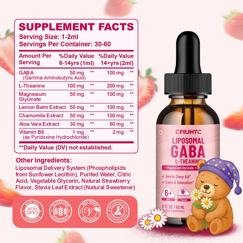 Liposomal GABA L-Theanine Drops for Kids - Liquid GABA Supplement with Magnesium, Chamomile, Lemon Balm & Vitamin B6 - Support Relaxation, Focus & Stress Relief for Kids & Adults - Strawberry Flavor 2 Fl Oz (Pack of 1)