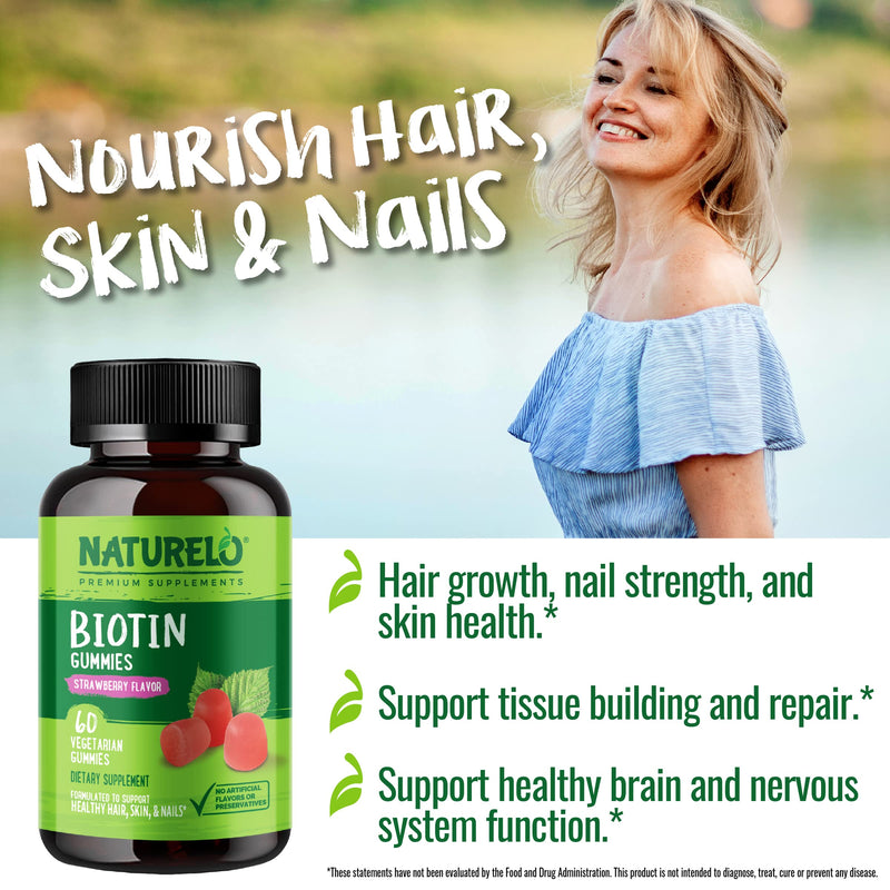 NATURELO Biotin Gummies - Supports Healthy Hair, Skin & Nails - High Potency 2500 mcg - Non GMO, Gluten Free - 60 Gummies 60 Count (Pack of 1)