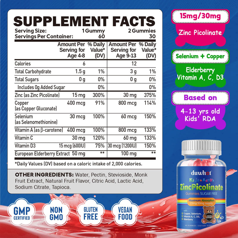 Zinc Picolinate 30mg Gummies, Zinc Copper Supplements for Kids, 60 Gummies | Zinc for Kids Teens, High Absorption Form with Selenium, Elderberry, Teenage Growth, Skin & Immune Health, Sugar Free 1