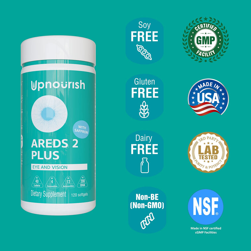 UpNourish AREDS 2+ - Advanced Eye Vitamin Supplement for Macular Health and Dry Eye - Lutein, Zeaxanthin, Saffron, Astaxanthin & DHA - Supports Eye Strain, Pressure, Night Vision - 120 softgels - BeesActive Australia