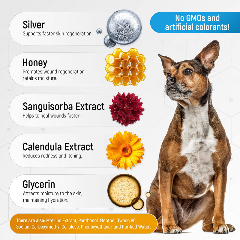 Hot Spot Treatment For Dogs & Cats to Help with Scratches, Cuts, Bites – Set of Honey Wound Repair Ointment in Gel Form + 2 Bandages – Horse & Dog Wound Care with Silver & Honey – All Pets Care – 2 Oz Honey gel - 2 Fl Oz