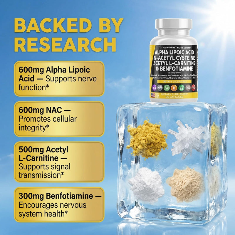 Alpha Lipoic Acid 600mg N-Acetyl Cysteine 600mg Acetyl L-Carnitine 500mg Benfotiamine 300mg - Nerve Support Supplement for Women and Men with Vitamin B1 B6 & B12 - Made in USA 90 Caps 90 Count (Pack of 1)