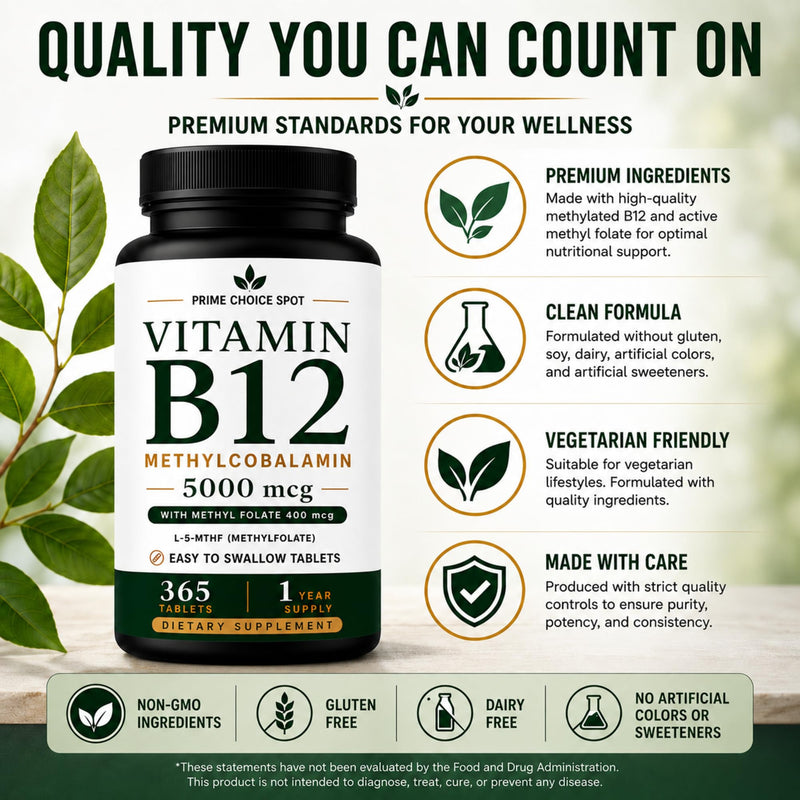Vitamin B12 5000mcg with Methyl Folate, Methylcobalamin, 365 Tablets | 5000mcg Methylcobalamin + 400mcg L-5-MTHF • One Daily Tablet • Non-GMO • Vegetarian