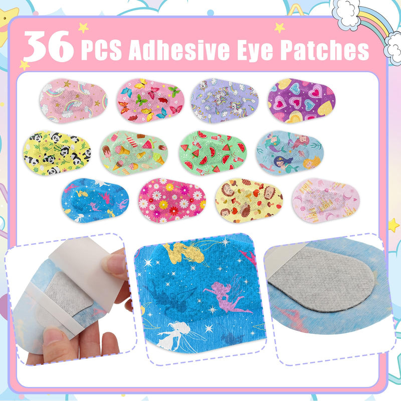 Panitay 36 Pieces Kids Girls Eye Patches Toddler Adhesive Patch Bulk Cotton Fabric Pad Breathable with Lazy Eye for Pediatric Amblyopia,12 Styles Regular Size