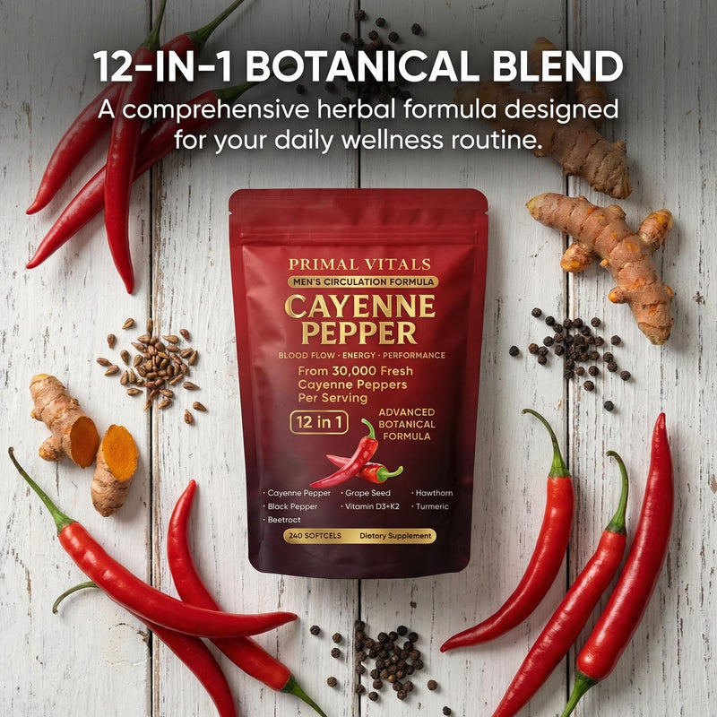 Primal Vitals Cayenne Pepper Softgels - Apex Vitals 12-in-1 Botanical Blend with Grape Seed, Hawthorn, Turmeric, Beetroot, Black Pepper & Vitamin D3 + K2, Wellness & Circulation Support - 240 Softgels