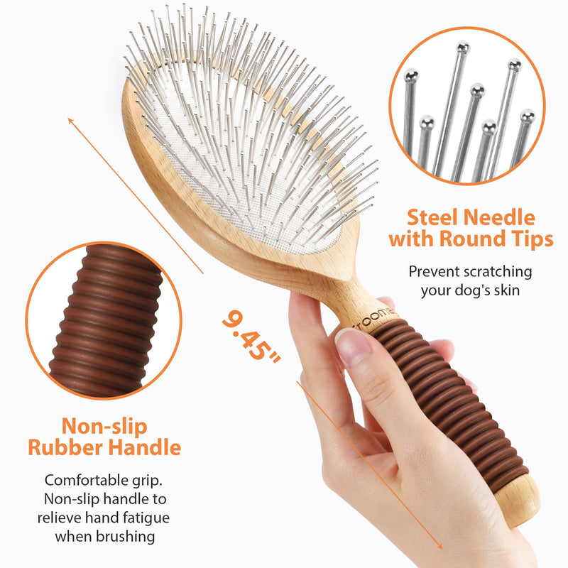 Dog Brush, Pin Brush for Dogs, 27mm Extra Long Pin Brush, Dog Grooming Brush for Shedding, Dog Brush for Long Haired Dogs - Beech Wood Material, Non-Slip Rubber Handle, Round-Tipped Pins 27mm Pins-Beech Wood - BeesActive Australia